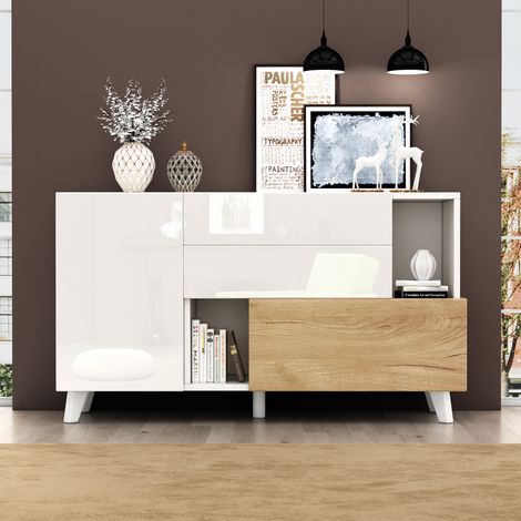 Modernes Sideboard aus weißem Hochglanzholz mit Stauraum, Kommode für Wohnzimmer und Esszimmer, Robust und praktisch