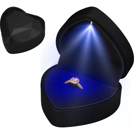 Samt-Ringbox, herzförmiges Ringkästchen mit LED-Beleuchtung, Eheringbox mit Innenausstattung, Verlobungsringbox für Muttertag, Hochzeit, Heiratsantrag, Verlobung, Schwarz (1/5)