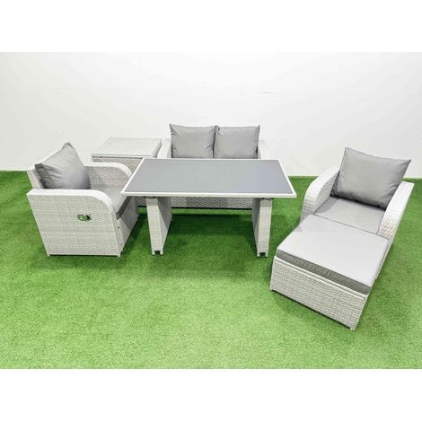 Fimous Outdoor Rattan Garden Furniture Dining Set 5-seater Patio Rectangular Table Love Sofa Reclining Chair Set with Side Table Big Stool (1/3)