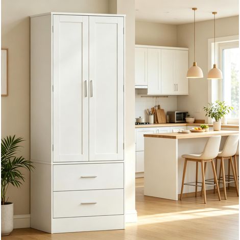 Armario alto de cocina con 2 puertas, 2 cajones y 8 especieros, blanco OKMYHOME (1/5)