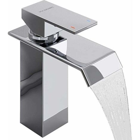 Robinet de lavabo monocommande effet cascade, eau froide et chaude, style moderne haute hauteur. Design élégant et fonctionnel. (1/4)