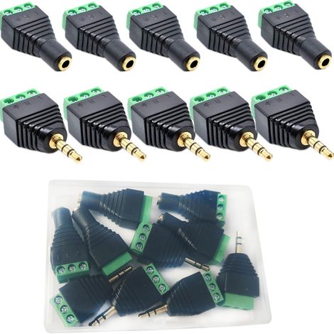 10Pièces(5 paires) 3 Pôles connecteur jack 3,5 mm, borne à vis de 3,5 mm,3.5 mm prise jack stereo adaptateurs Audio fiche 3.5mm TRS AV Borne à vis Balun Convertisseur sans Soudure (1/5)
