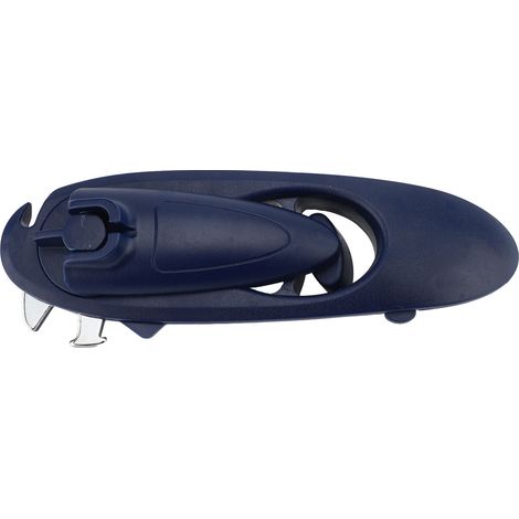 Ouvre-boîte multifonctionnel 8 en 1, poignée rotative sans effort, bord lisse, fermeture magnétique, fonction de découpe, idéal pour le camping. Bleu. (1/5)