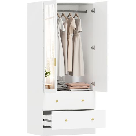 Armoire de chambre à coucher avec 2 portes et 2 tiroirs, miroir et penderie, 80 x 50 x 180 cm, blanche. produit de haute qualité, durable et pratique.