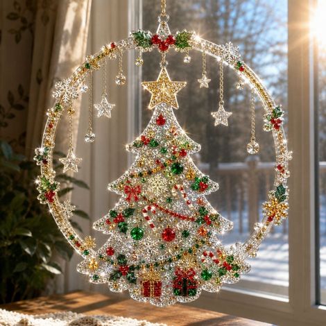 Nouvelle peinture diamant acrylique attrape-soleil - Sapin de Noël - 20 cm