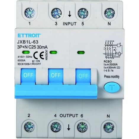 Interruptor diferencial magnetotérmico 3P+N 25A 30mA 380V-6KA Clase A 30mA para carril DIN - 4 módulos DIN - Protección de circuitos e instalaciones de seguridad (1/5)