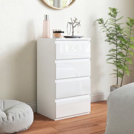 Schmale Kommode, 4 Schubladen, glänzend weiß, fürs Schlafzimmer. (1/5)
