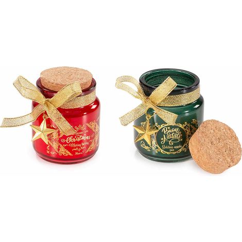 Candele natalizie profumate in barattolo di vetro con decori dorati, tappo in sughero, set da 8 pezzi, Ø 6 cm x 7,5 H