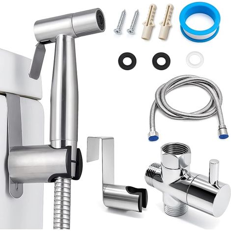 Kit de bidé portátil ajustable de acero inoxidable con manguera de 1,5 m y adaptador en T para el inodoro del baño y la higiene de las mascotas. (1/5)