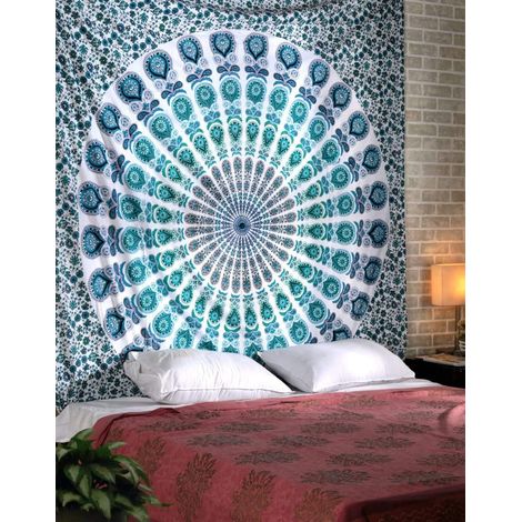 Wandteppich mit Pfauenmotiv, türkisblaue Baumwolle, 90 x 84 Zoll, Mandala-Wandteppich (1/4)