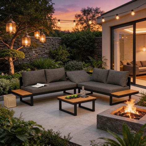 4-5 Seater Garden Lounge Set, Galvanized Iron Frame Outdoor Patio Furniture, 4-Piece Set, Reclining & Adjustable Seating, WPC Tabletop Table Included, Gray fabric + black frame