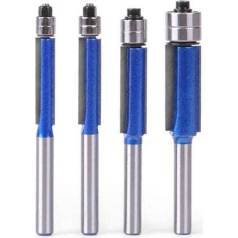 Foret à affleurer à tige de 1/4 pouce, 4 pièces, fraise cannelée, fraise à affleurer avec double roulement sur la tête (diamètre de coupe : 6,35 mm, 7,96 mm, 9,52 mm, 12,7 mm) (1/4)