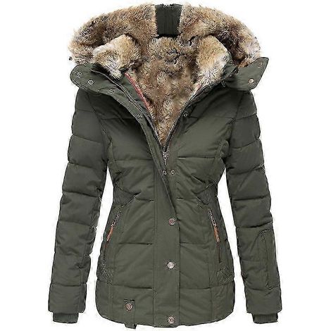 Warme Damen-Winterjacke mit Pelzkragen, Reißverschluss, langen Ärmeln, taillierter Passform und Kapuze (XS grün)