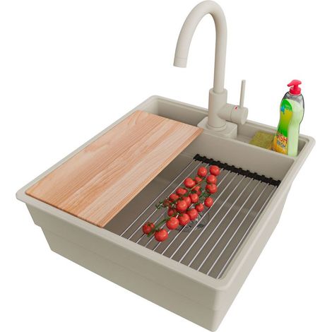 PRIMAGRAN Evier Cuisine en Granit 48x53cm,Lavabo 1 bac + Robinet 32x20cm + Kit de Vidage + Accessoires, Évier à Encastrer au meuble 50cm - New York, Beige (1/5)