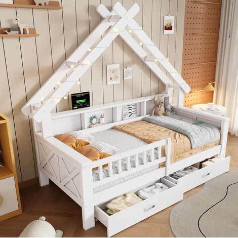 Lit plateforme enfant 205x97x179 cm blanc en pin et MDF avec LED, rangements et barrières (1/5)