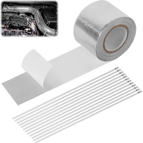 Bande de protection contre la chaleur pour pot d'échappement - 10 m x 5 cm - Autocollant avec 12 serre-câbles - Kit de réparation pour collecteur d'échappement de voiture et moto (1/5)