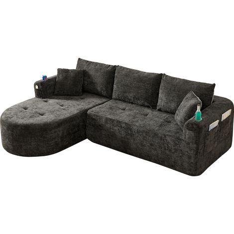 Sofá esquinero L en tejido negro con portavasos de acero inoxidable y diseño sin montaje (1/5)