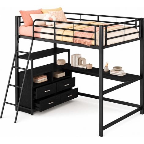 Lit mezzanine 140x200 cm avec bureau en L, tiroirs pratiques, structure métal et MDF, noir, gain de place pour chambre ou bureau  CHICFURN (1/5)