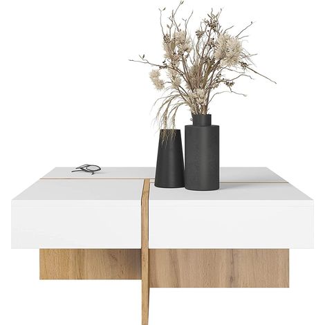 Bim Furniture – Table basse fixe 85x85cm chêne blanc mat – Panneau stratifié 16mm – Design moderne avec tiroirs intégrés – Montage facile (1/6)