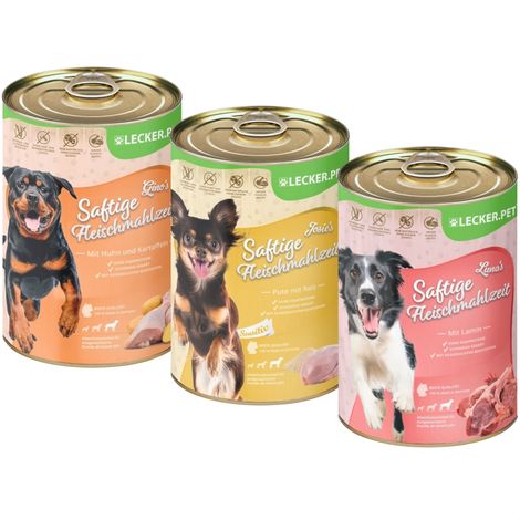 18 x 400 g Lecker.Pet® Gino's, Josie's &amp Luna's Repas de viande juteuse Nourriture pour chiens Mix humide Nourriture complète - 6 boîtes de chaque sorte