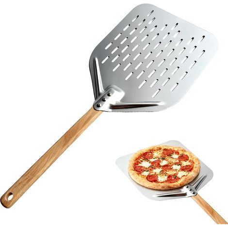 1 Pizzaschieber, perforiertes Aluminium, abnehmbarer Holzgriff, 39,5 x 30 cm, für Pizzaofen, Brot, Gebäck (1/5)