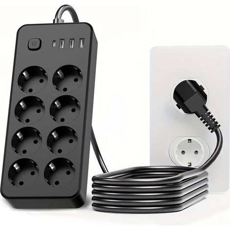 12-fach Steckdosenleiste mit 2 USB-C-Anschlüssen, 4 USB-A-Anschlüssen (5 V 2,4 A), Überspannungsschutz mit Schalter, 1,8 m Kabel für Smartphones und Tablets - Schwarz (8 AC + 3 U + 1 C) (1/5)