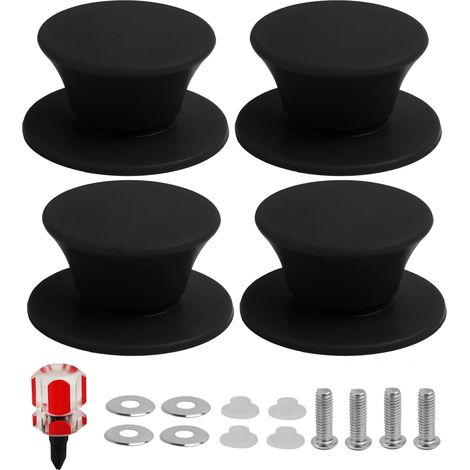 4 Pcs Silicone Saucepan Lid Handles Universal Replacement Heat Resistant BPA Free Knobs with Stainless Steel Screws and Gaskets (Black) (1/5)