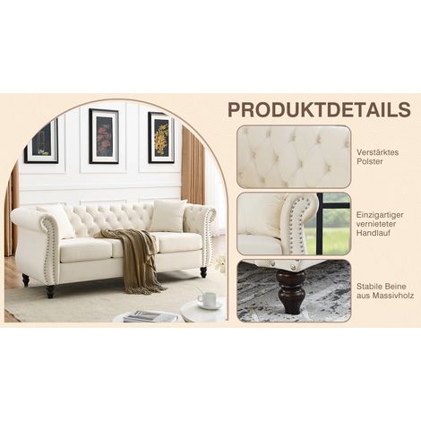 Sofá Chesterfield de 2 plazas en terciopelo beige con cojines extraíbles - MEUBLIV (1/5)