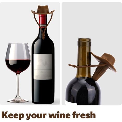 Juego de dos tapas de silicona para botellas de vino con forma sombrero vaquero, champán mantenerlo sellado fresco (marrón oscuro) (dos paquetes) (1/5)