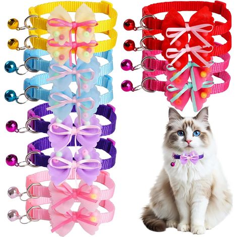 Colliers pour Chat Lot de 12, Collier avec Boucle Sécurité pour Anti Etranglement et Cloche et Nœud, Réglable de 19 à 32 cm pour Chaton et Chiot, Les Domestiques - 6 Couleurs (1/5)