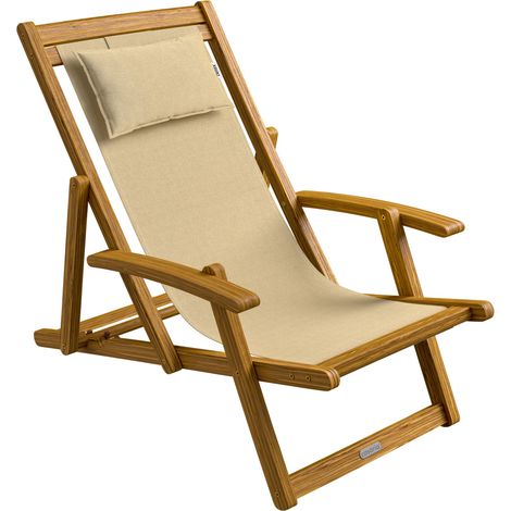 CASARIA® Sonnenliege Holz Wetterfest Klappbar 3-fach Verstellbar bis 160kg Gartenliege Outdoor mit Nackenkissen & Armlehnen Liegestuhl für Garten Balkon Terrasse Camping Akazienholz beige