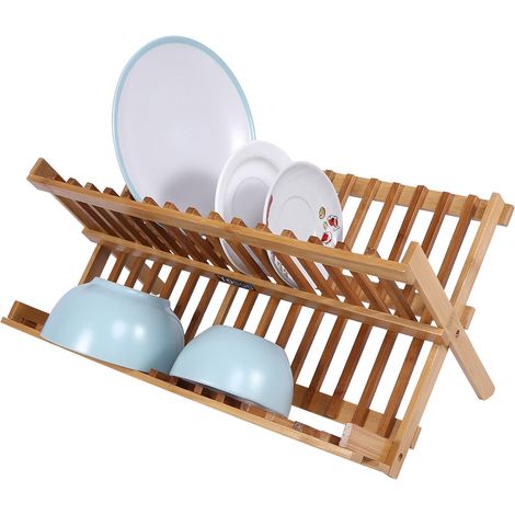 Égouttoir à vaisselle pliable en bois à deux niveaux pour évier, sèche-assiettes et couverts, support de cuisine (1/5)