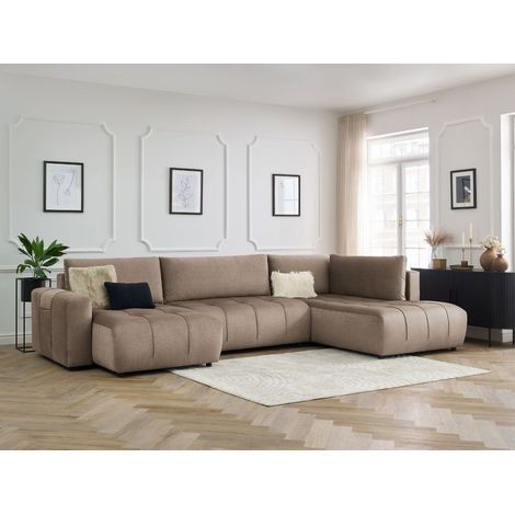Bobochic – Canapé panoramique convertible coffre 5 places en velours taupe – Longueur 370 cm – Style moderne – Coffre de rangement intégré (1/5)
