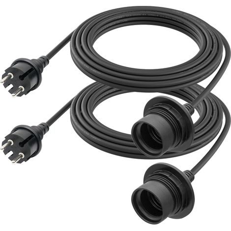 Lot de 2 douilles de lampe étanches E27 avec câble d'extérieur 4,5 m Noir IP44, pour l'extérieur, culot E27, avec fiche, câble en caoutchouc robuste (1/5)