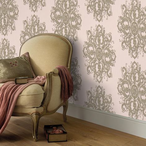 Papier peint élégant motif baroque rose et or | Tapisserie baroque chic rose chambre & salle à manger | Papier peint intissé couloir (1/3)
