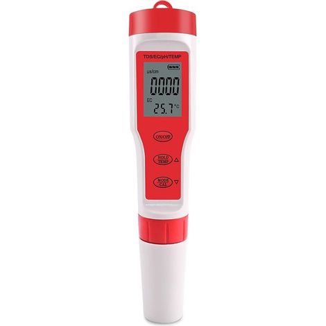 Testeur de pH/TDS/EC/température portable 4 en 1 avec compensation de température et arrêt automatique pour piscines, eau potable et aquariums.