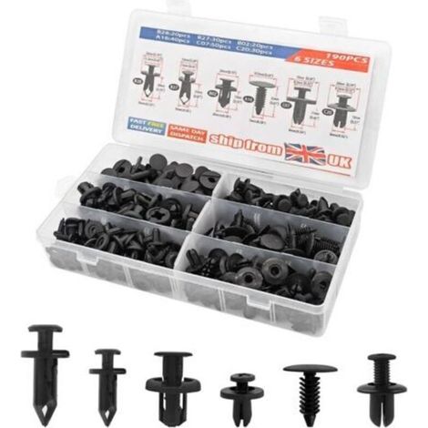 190-teiliges Befestigungsclip-Set für Kraftfahrzeuge, schwarze Kunststoffnieten, Schutzclips für Türverkleidungen und Stoßstangen, kompatibel mit den meisten Fahrzeugen. (1/5)