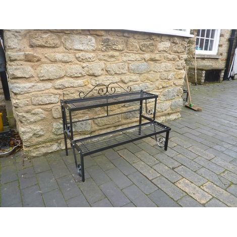 2 Tier Pot Stand - Decorative Garden Shelf - Solid Steel - L43.2 x W82.5 x H50.8 cm - Black