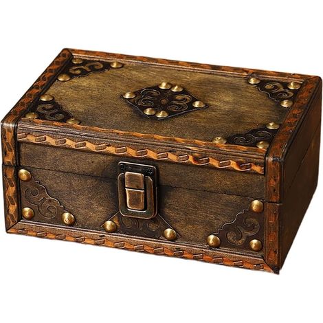 Handgefertigte Schmuckschatulle aus Holz für Damen und Herren, Vintage-Schatzkiste, Aufbewahrungsbox, 18 x 12 x 8 cm (1/5)