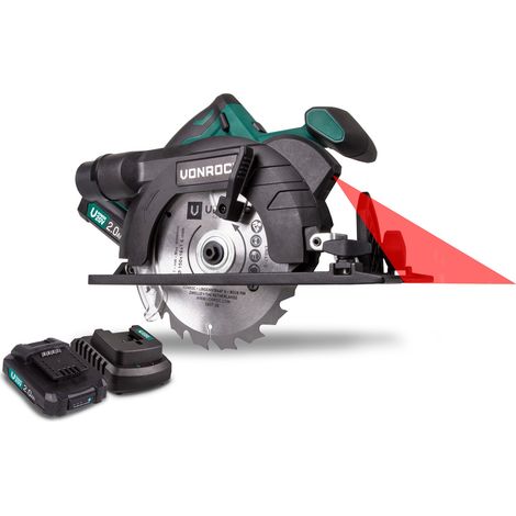 VONROC Sierra circular inalámbrica VPower 20V – juego completo con 2 baterías, cargador rápido, hoja de sierra, guía paralela y bolsa de almacenamiento