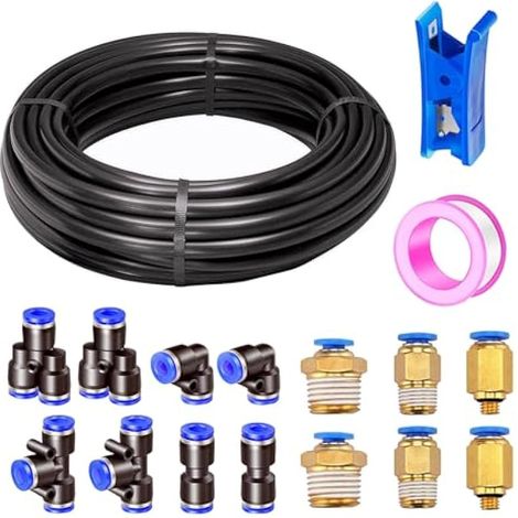 10 meter Tuyau Pneumatique Noir, 5/16 Pouces, Diamètre Extérieur 8 mm, avec 14 Connecteurs Pneumatiques + 1 Coupe-Tuyau + 1 Rouleau de Ruban Adhésif (1/5)