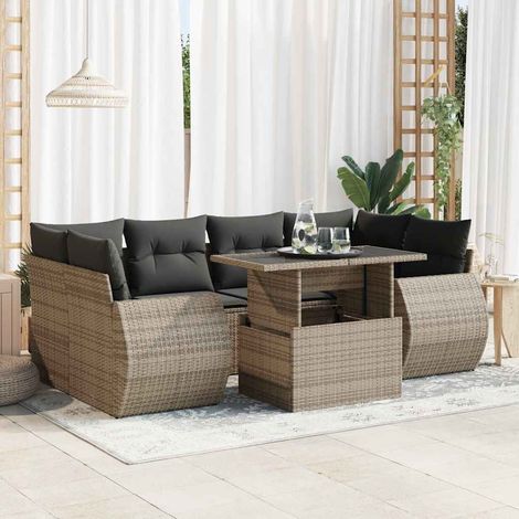 Salon de Jardin 7 Places Ensemble Gris Résine Tressée avec Table Relevable et Coussins Lavables Stockage Intégré (1/5)