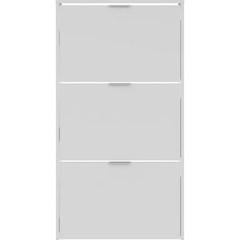 Commode à chaussures en bois de 3 portes coloris blanc brillant -Longueur 60 cm x Hauteur 113 cm x Profondeur 22 cm