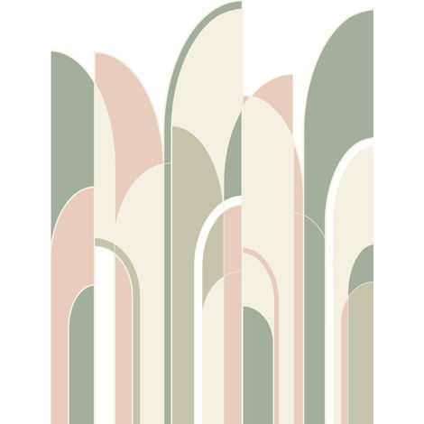 papier peint panoramique art déco vert grisé, rose pêche et blanc - ESTAhome (1/5)