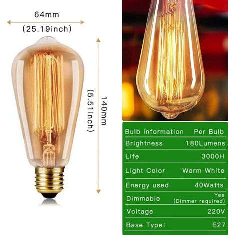 Ampoule Edison Vintage 40W - Ampoule à vis à intensité variable Edison ST64 - Culot E27 220V - Blanc chaud 2700K - Verre ambré (1/5)