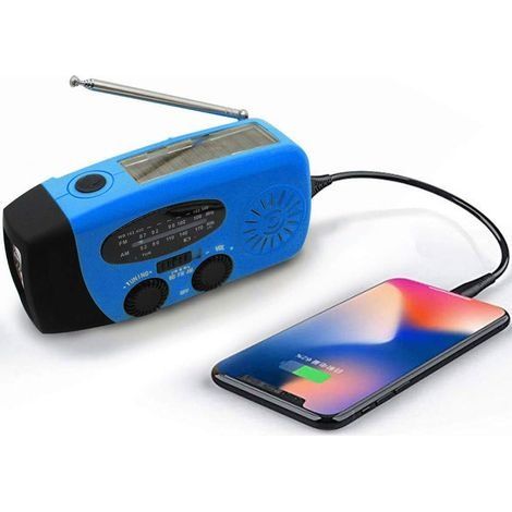 Radio météo solaire d'urgence, kit anti-sismique, manivelle, auto-alimentée, AM/FM/WB, radio de survie à manivelle, lampe torche LED, batterie externe 2000 mAh pour iPhone et smartphones (bleu) (1/5)
