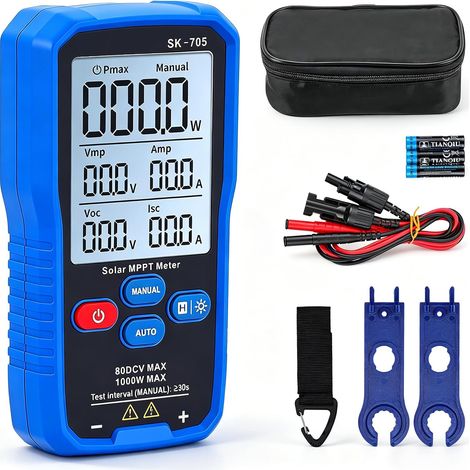 Testeur MPPT pour Panneaux Solaires 1000W, Multimètre Photovoltaïque avec Écran LCD, Voltmetre Ampèremetre Auto/Manuel, Mesure Voc Isc Vmp Pmax, Appareil de Test Solaire Portable (1/5)