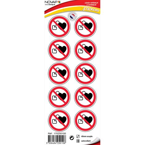 Planche 10 Pictogrammes Ø 40mm - Interdit aux Personnes sous Stimulateur Cardiaque - 4250106
