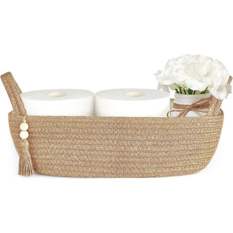 Portarrollos de papel higiénico pequeño, decoración de baño bohemia, portarrollos de cuerda trenzada para dormitorio o estante de sala de estar, juego de 1, 33 cm de largo x 15 cm de ancho (1/4)