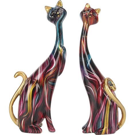 2 figurines chat résine couple abstrait sculpture décorative pour bureau chambre KY146, statuettes peinture chat 2 pièces (1/5)